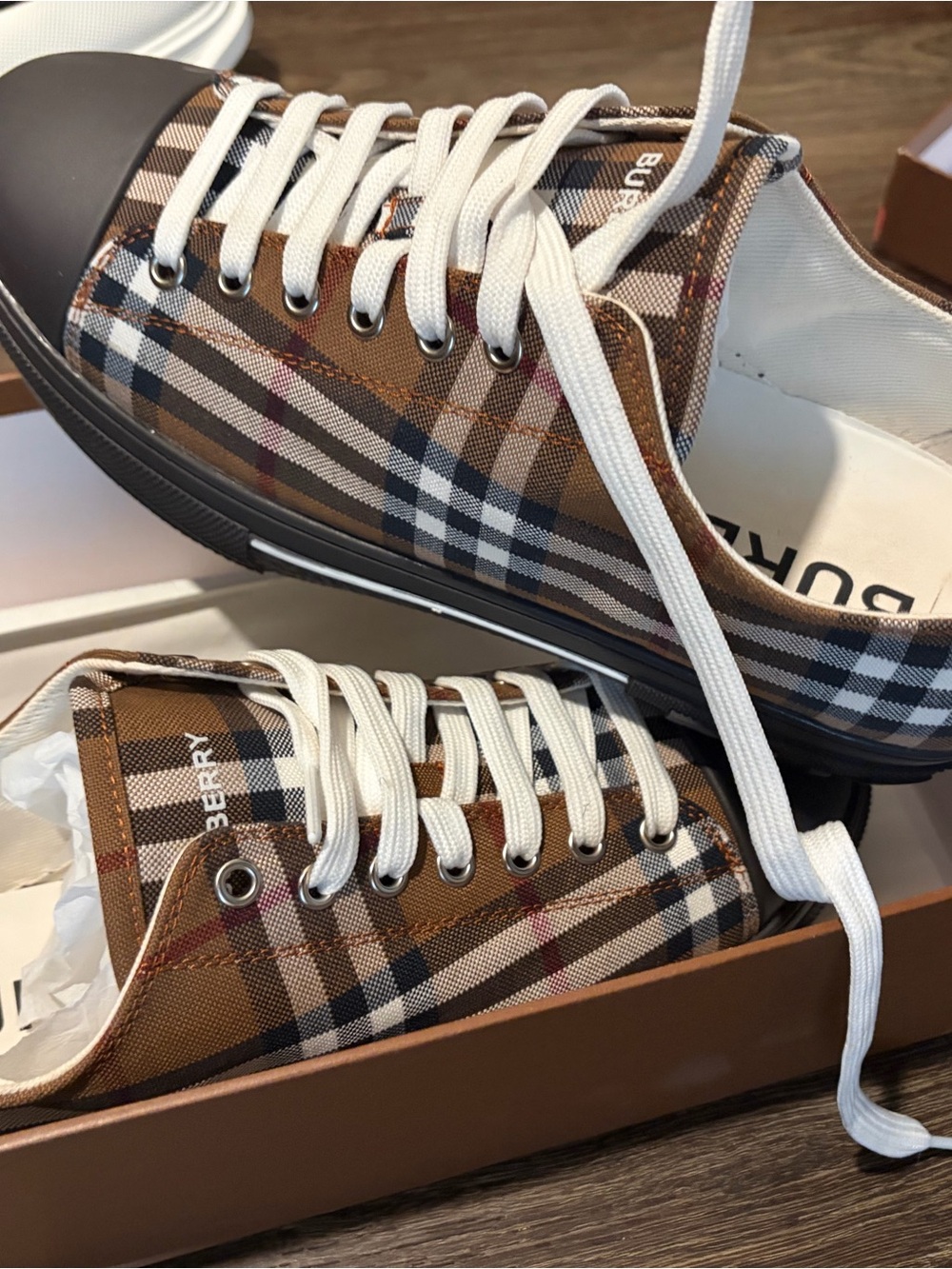 Burberry Tan Brown Check Low-Top Canvas Sneakers for Men